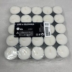 100 piece GLIMMA
Unscented tealights 4hr Ikea Sweden